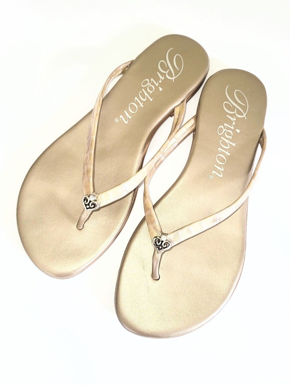NWT Brighton Amuse Champagne Golden Leather Thong Sandal Silver Embellisment 7.5
